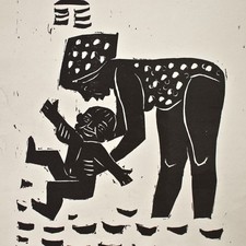 Arno Mohr Mutter Kind Strand Ostdeutsche Kunst signiert Holzschnitt undatiert