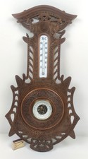 große Antik Jugendstil Holz geschnitzt Wetterstation Thermometer Barometer Holz