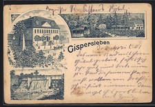 Lithographie Gispersleben, Gasthaus Park-Schänke, Wehr 1901 