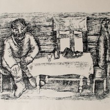 Lothar Sell Bauer aus Pawlowskoje Lithografie 1975 signiert ostdeutsche Kunst