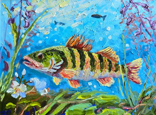 Flussbarsch fisch ölbild - flussbarsch,