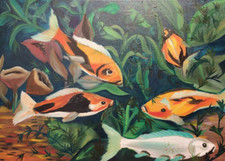Ölgemälde 50x70 Fischen Teich Koi Karpfen Kunst Natur Keilrahmen Bild