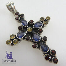 Vintage großer Kreuz Anhänger mit Granat, Citrin, Blautopas 925er Silber (E3188)