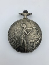 Edox Taschenuhr Savonette, Gehäuse ziseliert - Frau mit Bogen