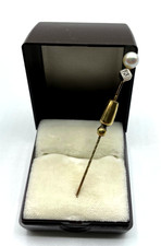 Antik 585 Gold 14 K Gold Reversnadel echte Perle + Achtkant Altschliff Diamant