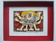 James Rizzi 3D Handsigniert Original Mini Give Me a Hug 2002  Gerahmt Cert