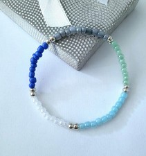 Sylvie's Rocailles Armband 19 cm, silber mint, weiß, grau, blau, Neu / 1470