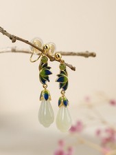 N10 Ohrringe Ohrclip Magnolien-Blüte aus heller Jade bunte Blüte Silber 925