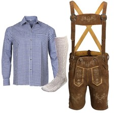 B Ware Trachtenset Herren Kurz Trachtenlederhose Blau Hemd mit Socken
