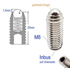 M8 x 20mm Gewindestift mit Feder Kugel Madenschraube Kugel gefedert