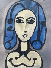 Picasso Pablo Original Gemälde signiert Frau blaue Haare Kunstwerk Spanien Arte D20