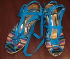 Türkis/bunt gestreifte Sandale mit Hanf-Keilabsatz zum Schnüren Gr. 39 NEU