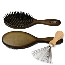 Haarbürste Wildschweinbürste Naturborsten Holzbürste 10 R. + Kammreiniger braun