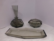 Art Deco Frisiertischgarnitur Kammschale Bleikristall grau Flacon Dose Edel Desi