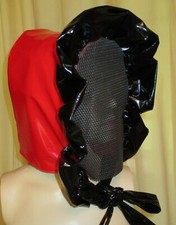 Lackhaube Zofenhaube Gumminetz im Gesichtsfeld  Vinylhood,Adultbabybonnet 