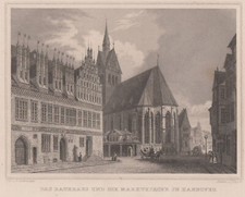 Hannover Rathaus und Marktkirche Original Stahlstich Poppel 1843
