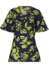 Viskose Bluse Gr. 44 Dunkelblau Limonengrün Floral Damenbluse Shirt Tunika Neu*