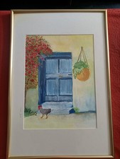 Aquarell, Haus Blumen Hahn, Original Monika Spohr, signiert