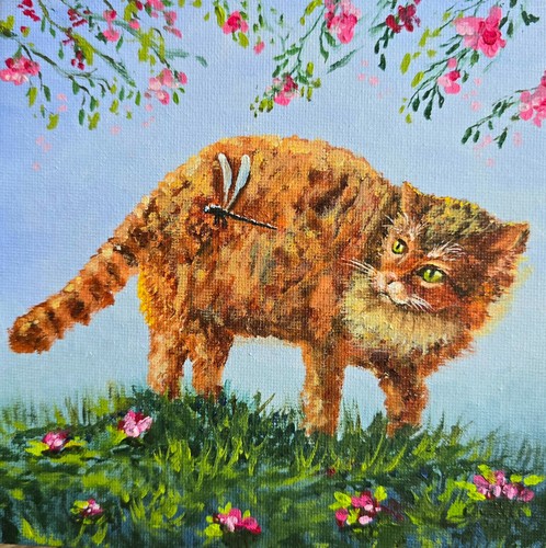 Katze libelle ölbild 15x15 - libelle,