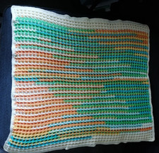 Babydecke gelb, orange, grün, weiß, hellblau, Strick, Handarbeit, neu 80x 75 cm