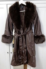 Brauner Vinyl PVC PU Leder Damen Ledermantel mit Fell Gr. UK 12 EU 38/40/42