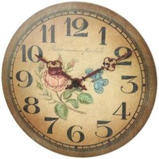 Wanduhr Quarzwerk Holzgehäuse Retro-Look Rose und Schmetterling als Motiv