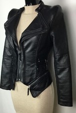 DAMEN BIKERJACKE LEDEROPTIK ÜBERGANG LEDERJACKE BIKER STYLE SCHWARZ ROCKIG NEU