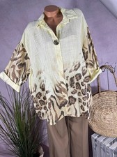 legere Long Bluse Shirt Tunika Leinen Optik LEO PRINT Italy GELB 42 44 46