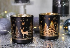 2 Deko Teelichthalter Glas Kerze Teelicht Windlicht Weihnachten Winter Schwarz