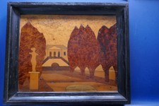 Holzbild Intarsien Schloss Garten Zypressen Vintage