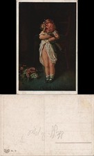 Künstlerkarte Mein Liebling, Mädchen mit Puppe im Nachthemd 1920