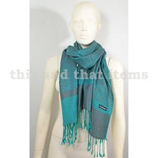 PASHMINA SCHAL TUCH PAREO STOLA KOPFTUCH THAI CASHMERE BLAU TÜRKIS GRAU #S108