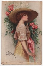 AK Frauen, schöne Frau mit großen Hut und Schirm, Rosen