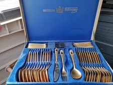 sBs Solingen BesteckSetKoffer 18/10 vergoldet Toscana delux +Kobalt Blausteinen