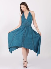 Damen Freizeit Neckholder Stickerei Stone Washed Asymmetrisch Kleid Mix Set