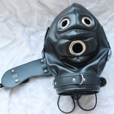 Roleplay Leder Kopfmaske Hood Kopf Maske schwarz gepolstert mit Mundstopfen DE
