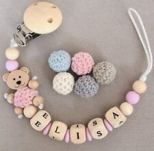 Schnullerkette mit Namen ★  Rosa Teddy Bär ★ Mädchen Natur Holz Blau / Rosa