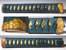 Tsuka mit Shishi Fuchi/Kashira & Namazu Menuki Edo Original Tsuba Antik