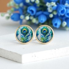 Ohrringe Ohrstecker Rund Blumen Gold Pfauenauge Pfauenfeder Pfau Blau Schmuck