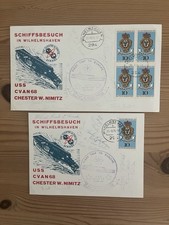 2 Postkarten 1975  Flugzeugträger  USS Nimitz Besuch in Wilhelmshaven gestempelt
