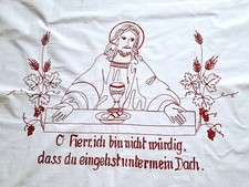 altes ..gesticktes Altartuch mit Spruch, rot weiß.....