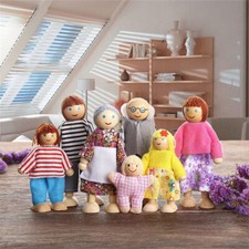 Holz Puppen 7 Personens Familie Puppenfamilie Biegepuppen Puppenhaus Figuren Set