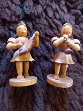 2 alte BLANK Kurzrock-Engel mit Laute und Posaune Natur, Erzgebirge Volkskunst 