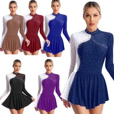 Damen Strass Eiskunstlauf Kleid Glitzer Trikot Langarm Rollschuhkleid Tanzkleid
