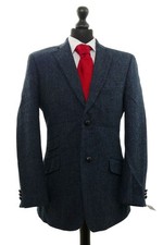 Harris Tweed Sakko Jackett 50 blau dunkelblau Fischgrat 2-Knopf Patches Neu