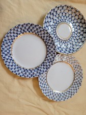 Lomonosov Kobalt Netz 2 Dessertteller und 1 Untertasse a 15cm