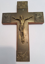 Kreuz Kruzifix Jesus Messing geprägt  Eiche Holz um 1900