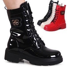 Damenschuhe Lack Stiefeletten Plateau Worker Biker Boots Combat Booties Ornament