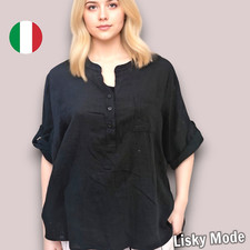 Italy Bluse Oversized Damen Tunika Fischerhemd Leinen Optik Schwarz 38 40 42 NEU