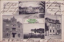 164140 AK Schloss Schlawa Postamt Schlawa Hotel goldene Krone See Fischerhäuser